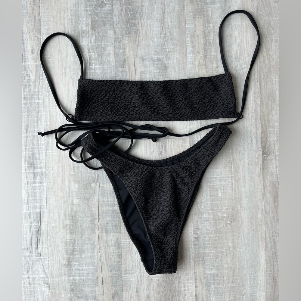 PACSUN SWIM Black Bikini Set Bandeau Top w/Ties & High Cut Bottoms Size Small